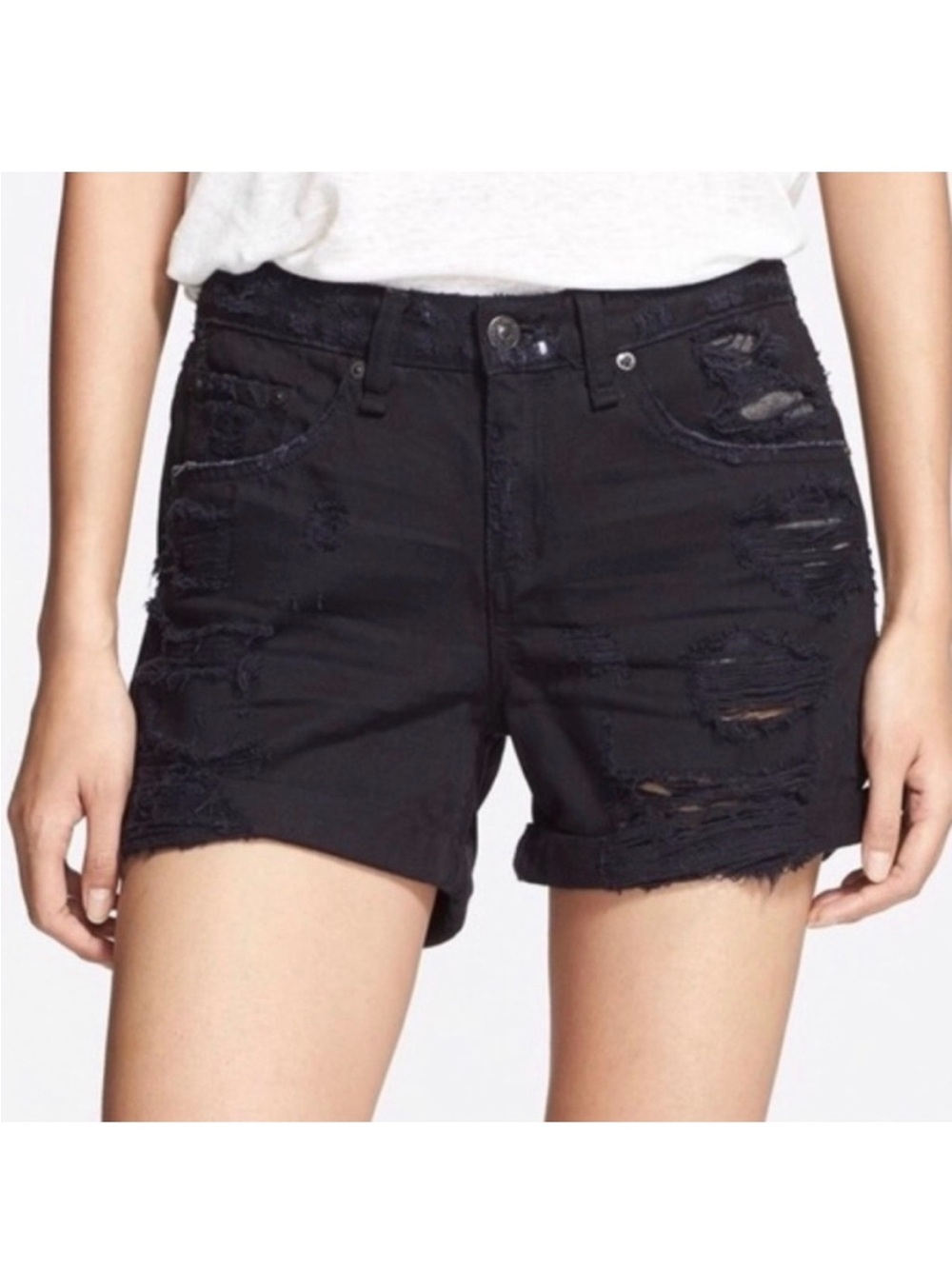 Rag & Bone Rebel Distressed Black Boyfriend Bermuda Shorts Women's 26 EUC Goth
